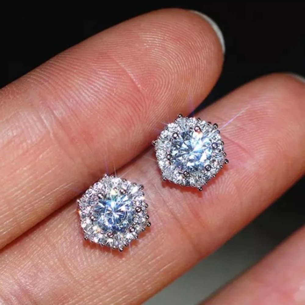 NEW Round Diamond Halo Hexagon Silver Stud Earrings - Picture 2 of 6